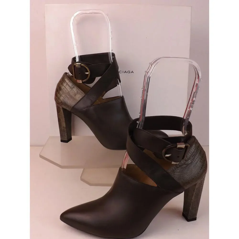 NIB BALENCIAGA DARK BROWN LEATHER LIZARD SKIN ANKLE STRAP PUMPS 37.5 $1155 ITALY - Picture 1 of 10